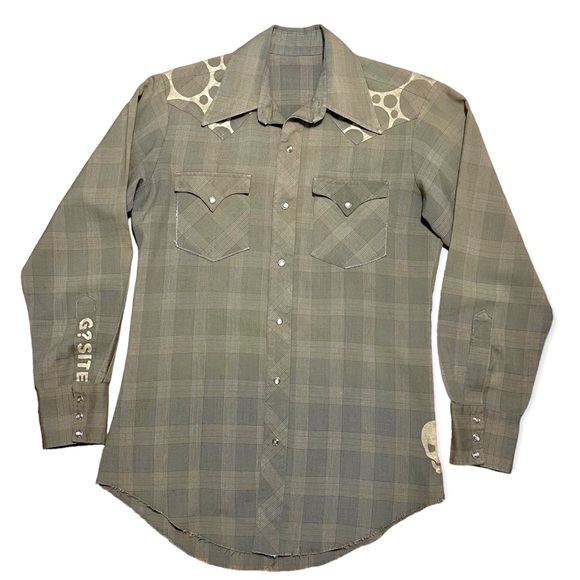 Khaki Pearl Snap Plaid Shirt With Gold Skull & Dots Sz S/M - Picture 8 of 16
